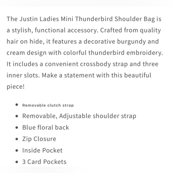 Justin Hair On Hide Thunderbird Embroidered slim shoulder bag,crossbody,Western - Picture 8 of 8